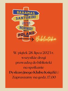 Plakat promujący zaproszenie na spotkanie Dyskusyjnego Klubu Ksiażki