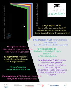 Plakat prezentujący harmonogram wydarzeń organizowanych w bibliotece podczas XXII Ogólnopolskiego Tygodnia Bibliotek 

Gminna Biblioteka Publiczna im. Władysława Stanisława Reymonta w Wierzchosławicach w dniach 8-16.05.2025 r. zaprasza na:
9 maja/piątek - 11.00 - Kino w bibliotece - seans dla SOSW w Wierzchosławicach-Dwudniakach. Quiz o filmach Disneya. Drobne upominki!
9 maja/piątek - 18.00 - Kino w bibliotece - seans dla dzieci. Quiz o filmach Disneya. 
Drobne upominki!
12 maja/poniedziałek - "Historia książki" - zajęcia dla uczniów klasy "0" w Filii w Łętowicach
12 maja/poniedziałek - "Biblioteka Lubię tu być!" - zajęcia dla dzieci w Filii w Mikołajowicach
13 maja/wtorek - "Książka" - zajęcia dla dzieci ze żłobka w Filii w Bogumiłowicach
14 maja/środa - 17.30 - Spotkanie autorskie z Marią Kwater. Promocja VI tomiku poezji Autorki - "Okruszki szczęścia". 
*Prezentacja nowości książkowych z dużym wygodnym drukiem oraz Czytaków
15 maja/czwartek - Dzień Bibliotekarza w GBP
16 maja/piątek - 16.30 Dyskusyjny Klub Książki
16.00, 18.00 - Klub Gier Planszowych